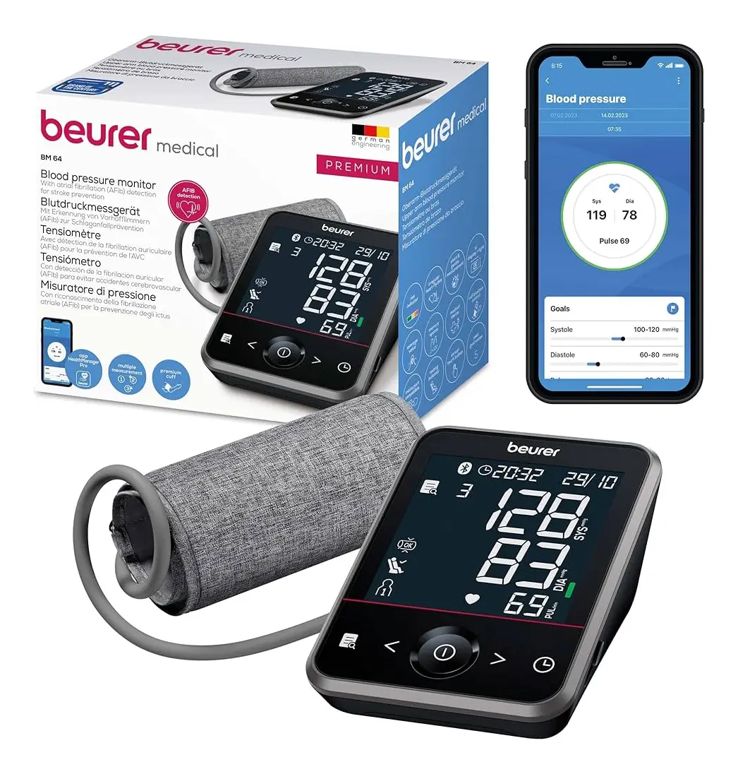 Toma Presion Digital Con Medición Triple y Bluetooth Detector De Fibrilación Auricular Beurer Bm64 Color Negro